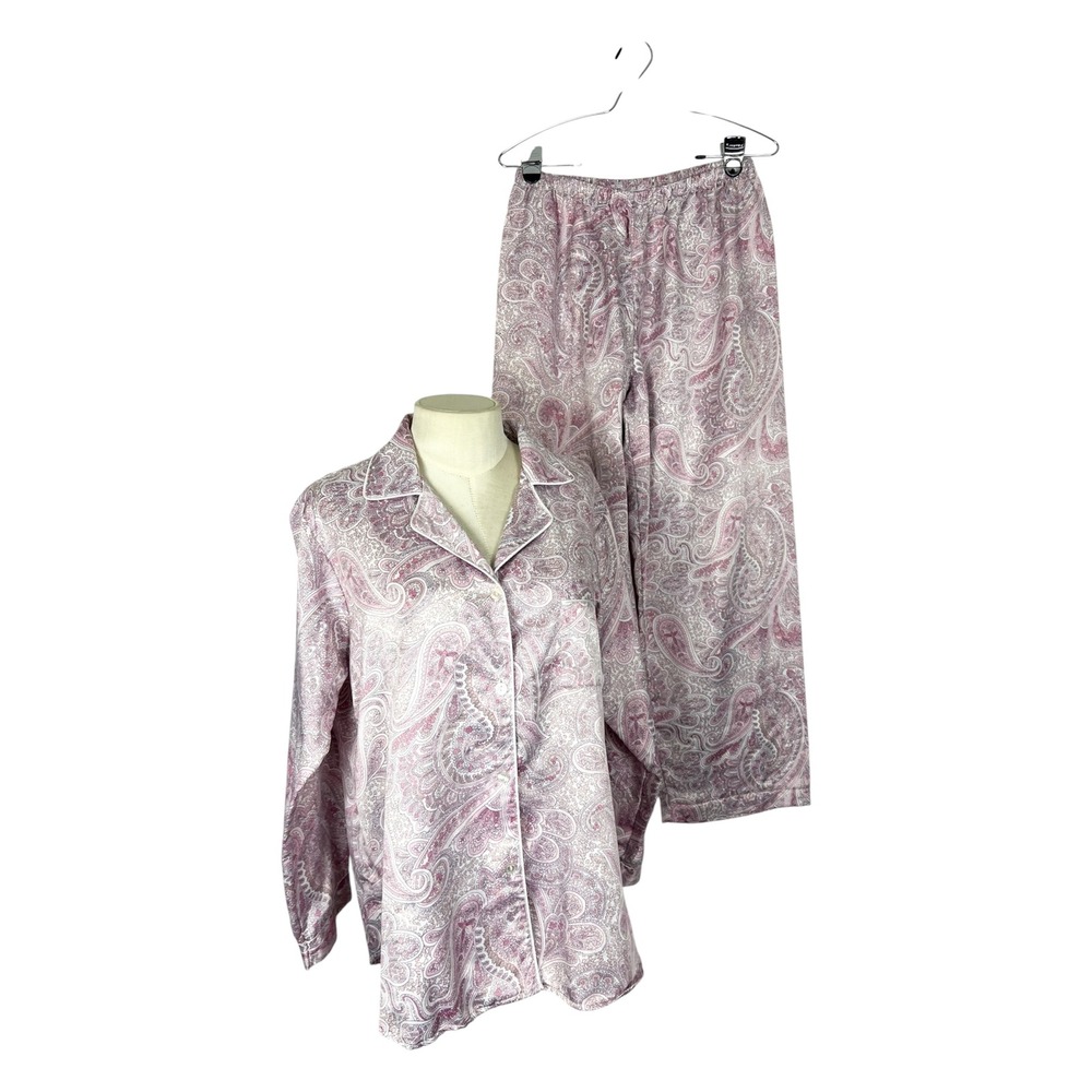 Miss Elaine Pajama Set Womens Medium Pink Paisley Button Front 2 piece silky